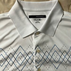 Greg Norman white mens golf polo with black and blue diamond print